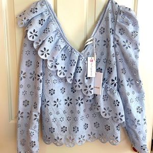 NWT Self Portrait blue eyelet floral frill blouse Size 2